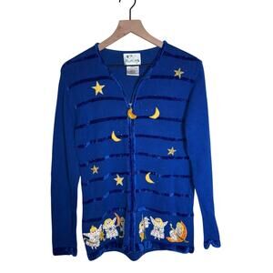 VINTAGE QUAKER FACTORY embroidered and beaded knit angel holiday cardigan S
